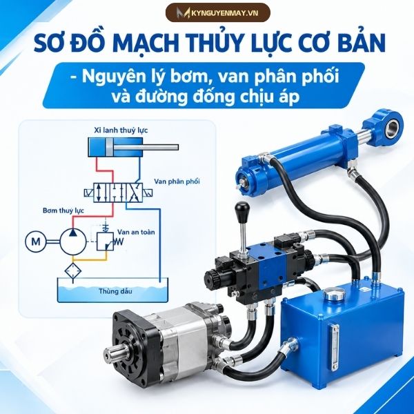 Sơ đồ mạch thuỷ lực cơ bản - Nguyên lý bơm, van phân phối và đường đống chịu áp