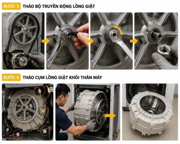 Tháo cụm truyền động và lồng giặt