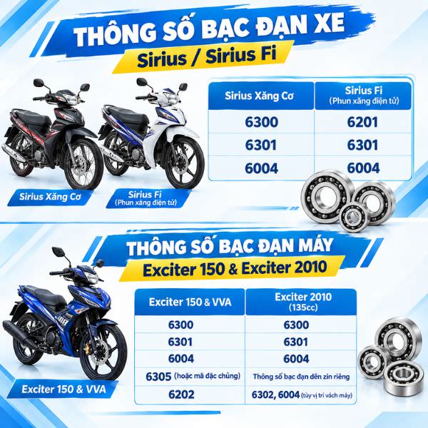 Thông số bạc đạn xe máy Yamaha