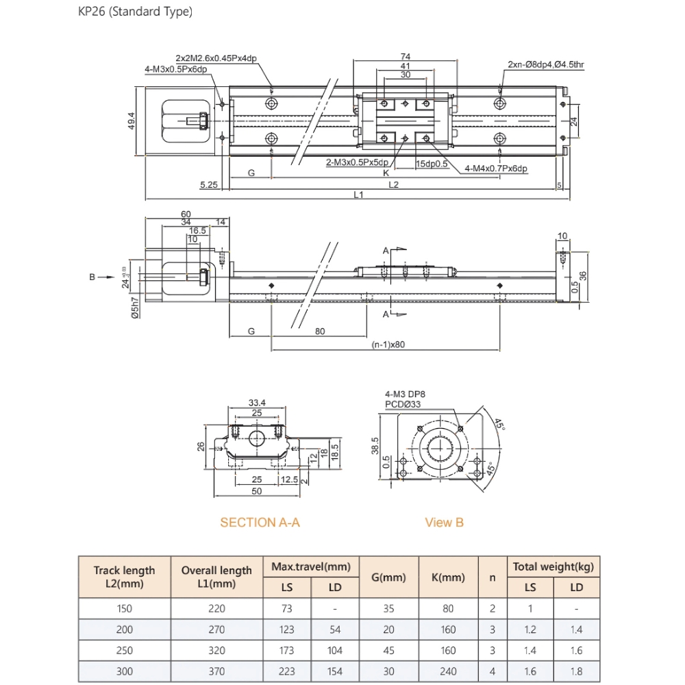 Thông số kỹ thuật bàn trượt vít me single axis robot đơn trục TBI KP26 - KP33 - KP46