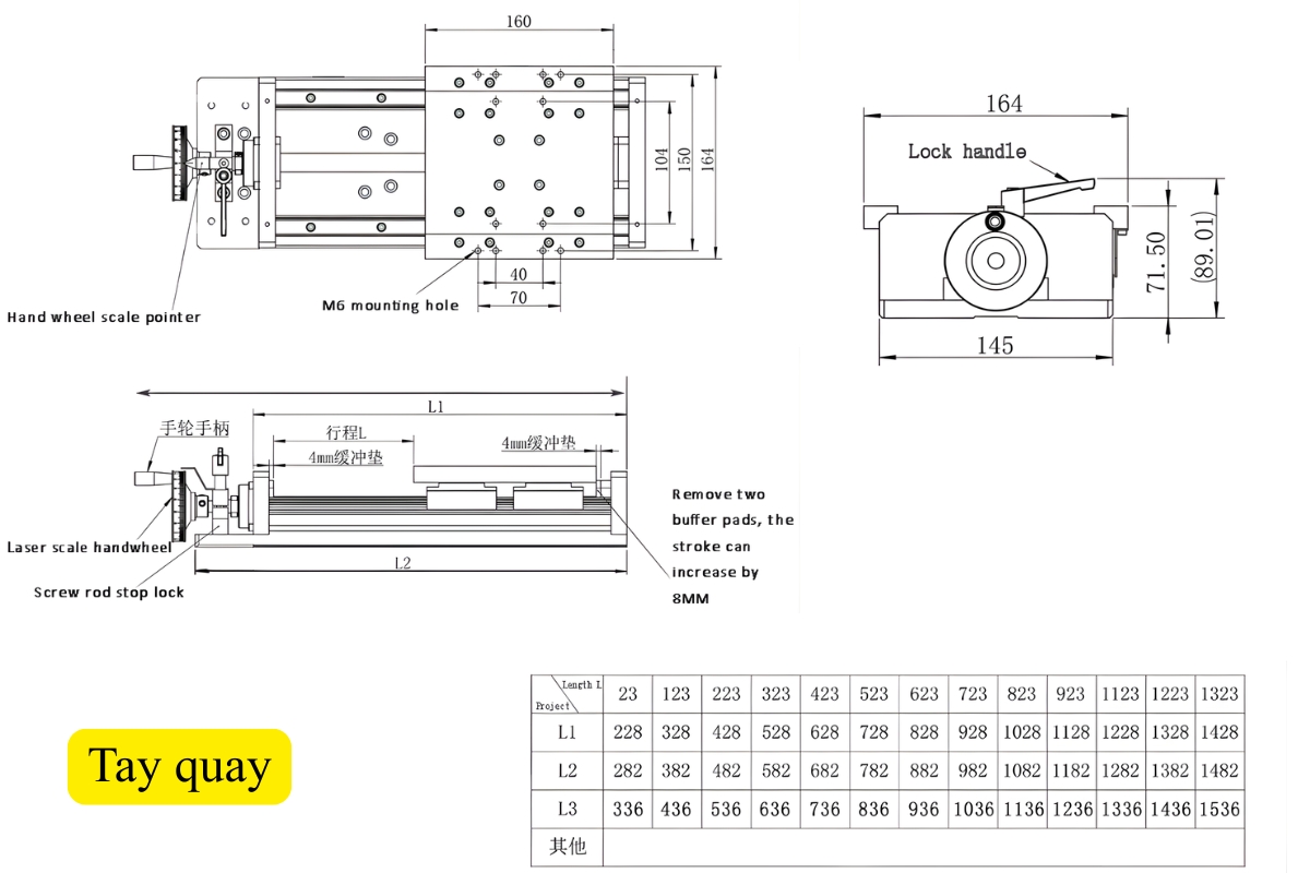 Thông số kỹ thuật bàn trượt vít me CNC ray dẫn hướng tuyến tính KR155S