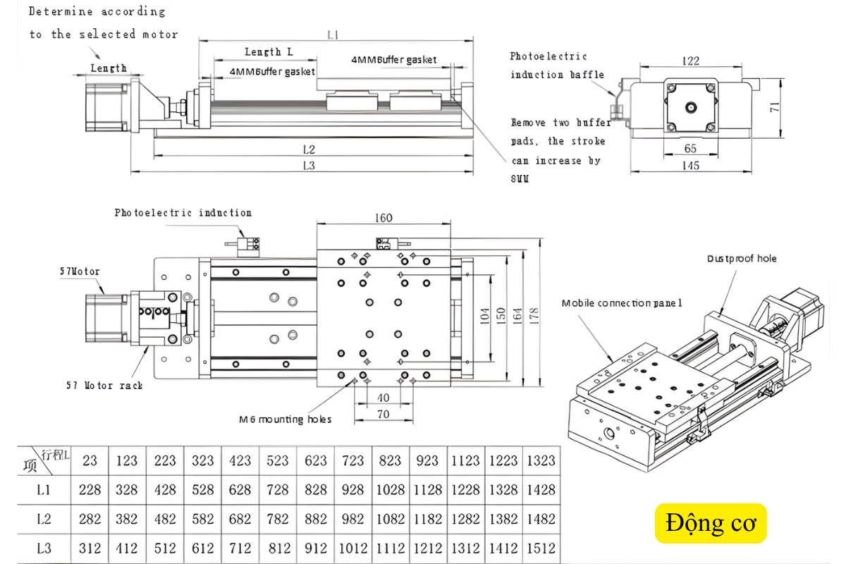 Thông số kỹ thuật bàn trượt vít me CNC ray dẫn hướng tuyến tính KR155S
