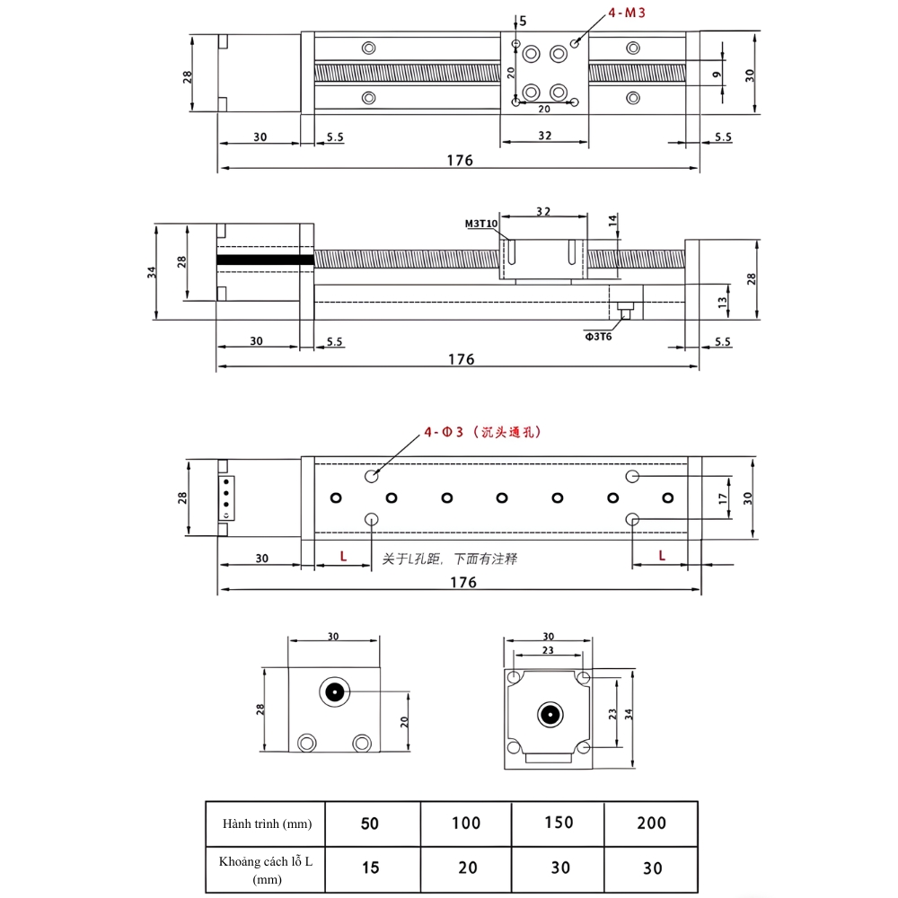 Thông số kỹ thuật bàn trượt vít me tuyến tính động cơ bước 28, trục vít T6