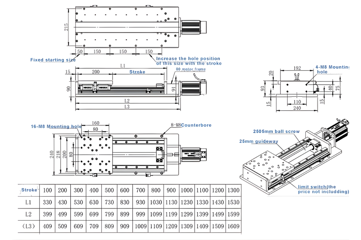 Thông số kỹ thuật bộ bàn trượt CNC KR250A