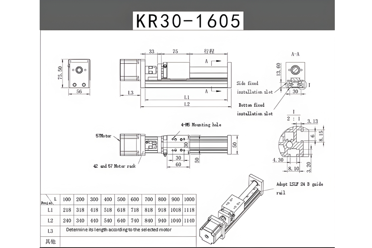 Thông số kỹ thuật bộ bàn trượt CNC KR30