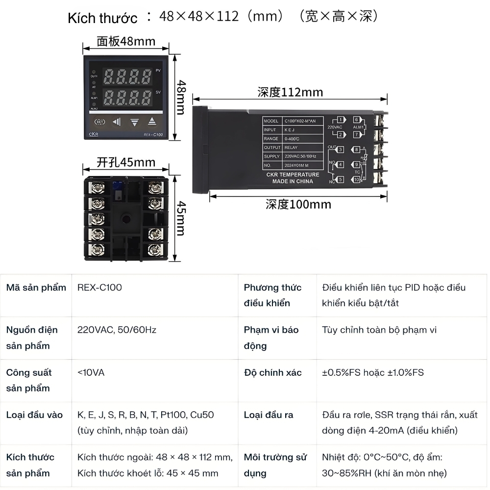 Thông số kỹ thuật bộ điều khiển nhiệt độ REX-C100 CKR