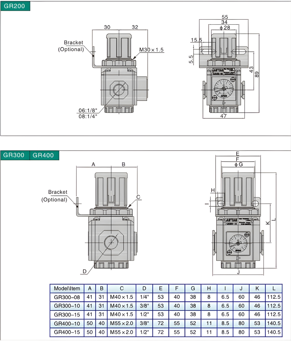 Thông số kỹ thuật bộ lọc khí nén AIRTAC GR
