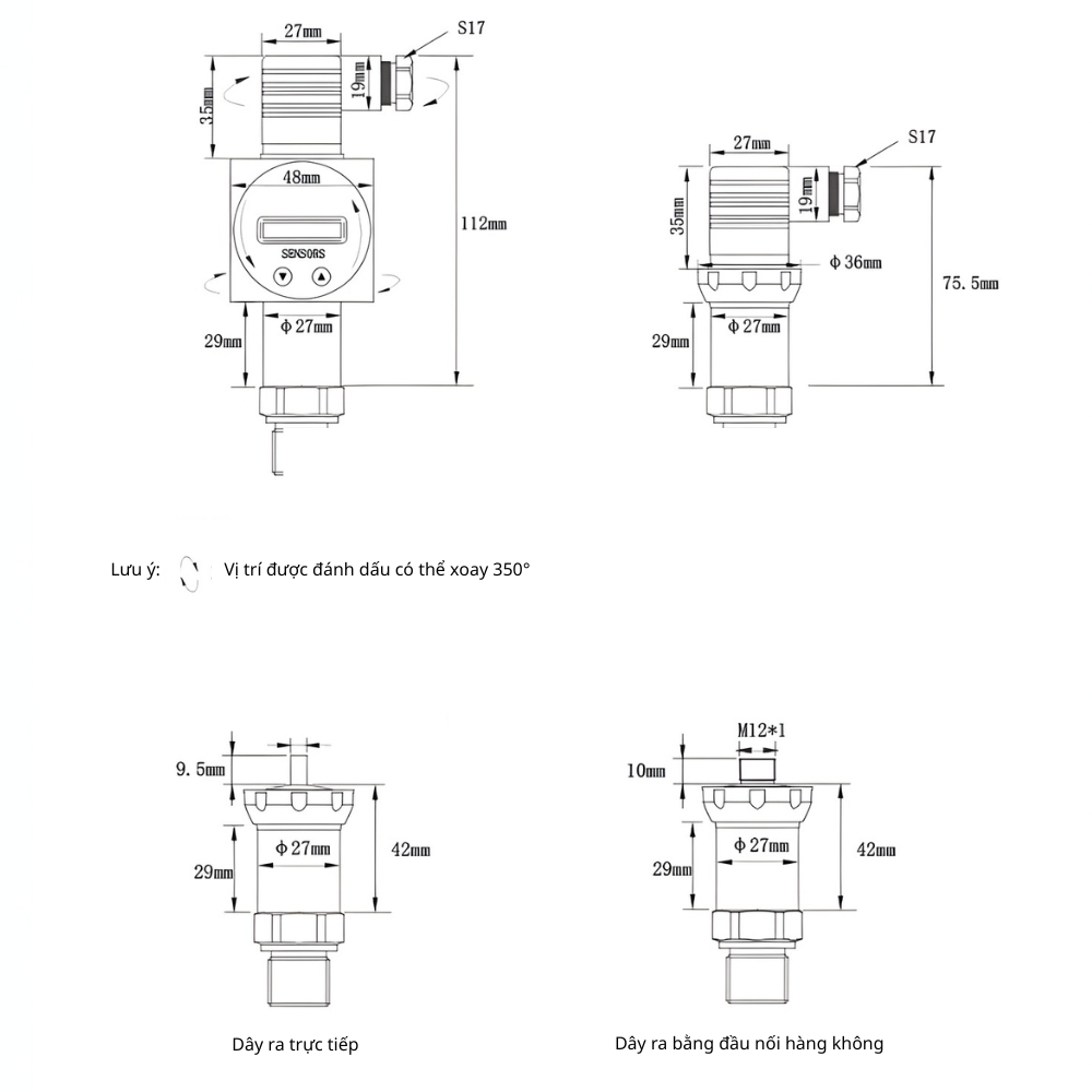 Thông số kỹ thuật cảm biến áp đo áp dầu thuỷ lực nhiệt độ cao 4-20mA đầu dò RS485 CYYZ11A