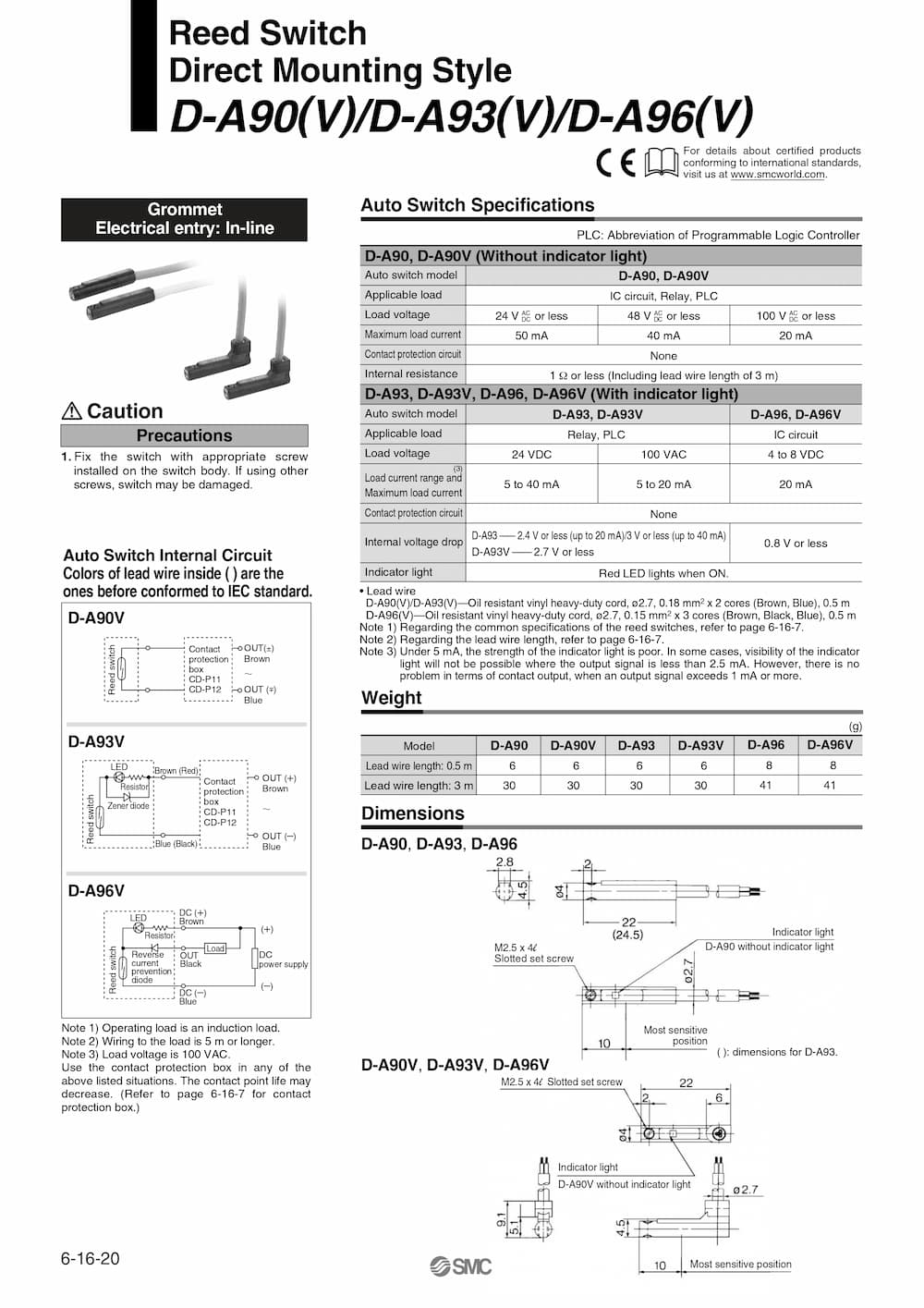 Thông số kỹ thuật cảm biến xi lanh xi lanh Sensor D-A90, D-A93, D-A96