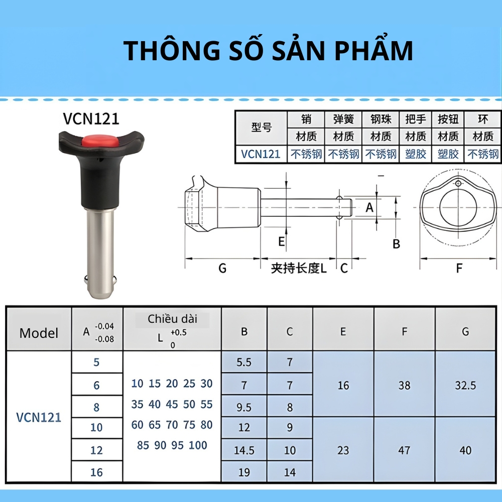Thông số kỹ thuật chốt khóa bi đầu núm VCN121
