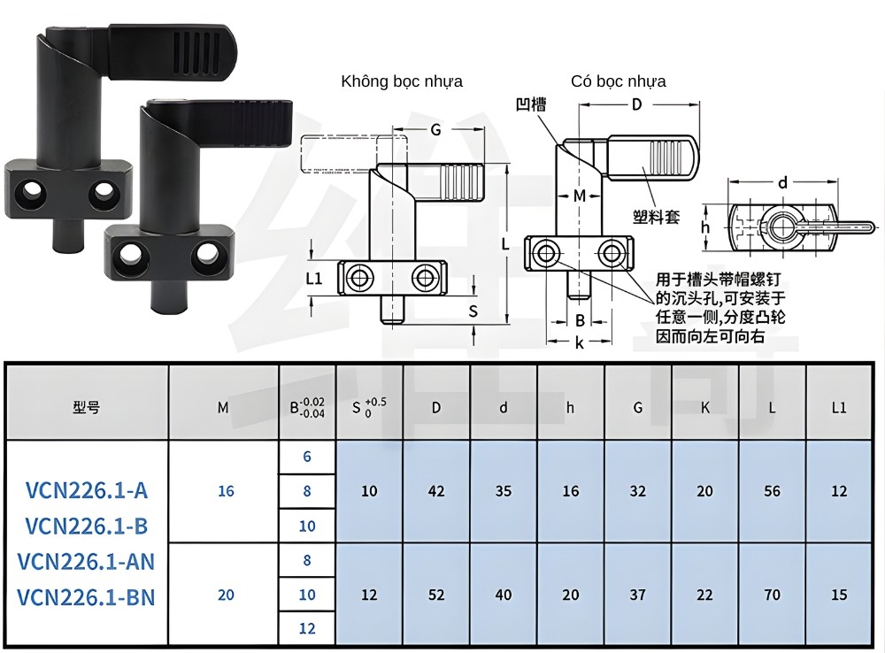 Thông số kỹ thuật chốt khóa pittong có tay cầm VCN226