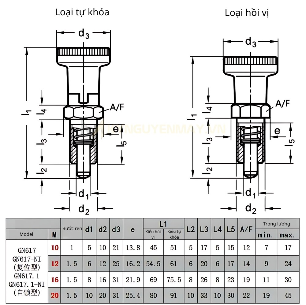 Thông số kỹ thuật chốt pin định vị núm pittong M10, M12, M16, M20