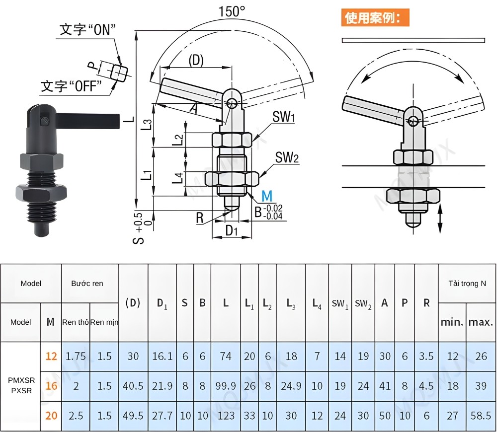 Thông số kỹ thuật chốt pit tong có tay gạt chuyển đổi PXSR/ PMXSR