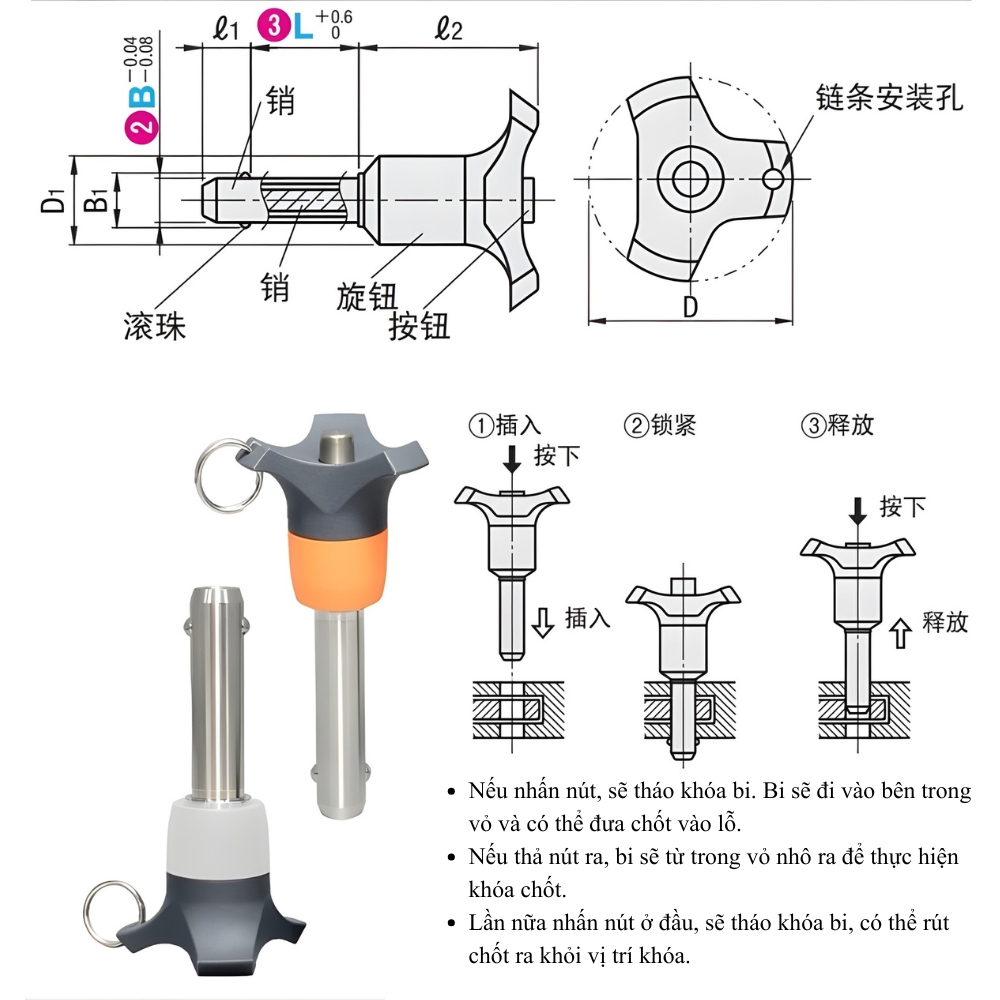 Thông số kỹ thuật chốt pit tông nhả nhanh an toàn chỉ mục BLAH