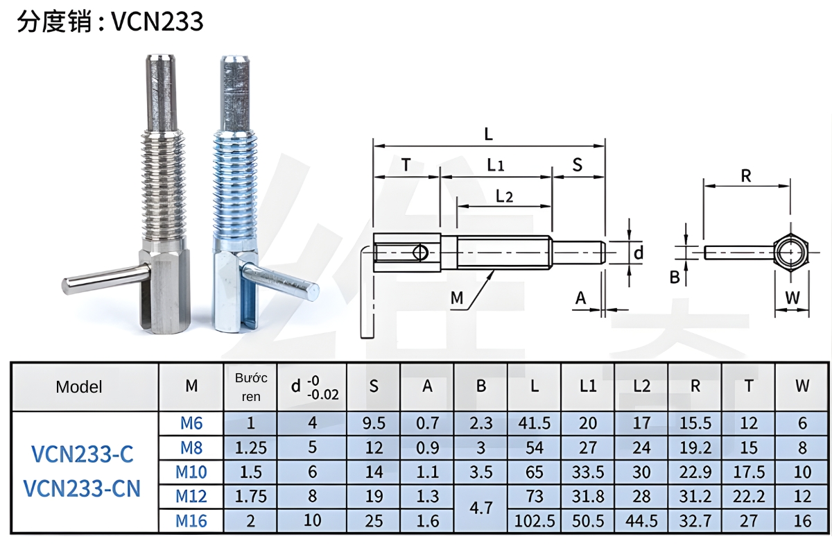 Thông số kỹ thuật chốt pittong núm có tay vặn VCN233
