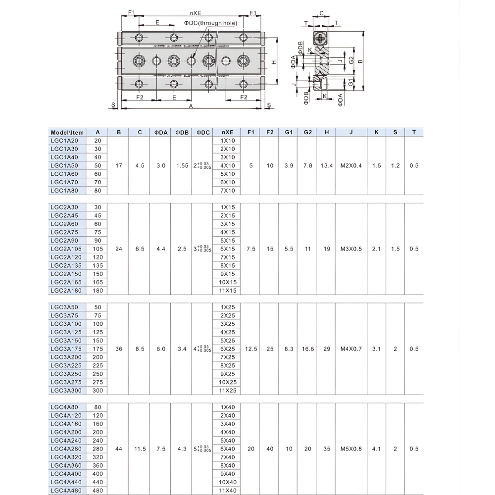 Thông số kỹ thuật ổ bạc đạn trượt AIRTAC LGC1A, LGC2A, LGC3A, LGC4A