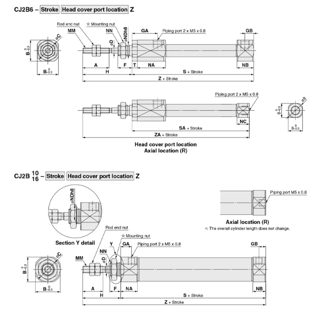Thông số kỹ thuật của xi lanh khí nén tròn CDJ2B6,  CDJ2B10,  CDJ2B16