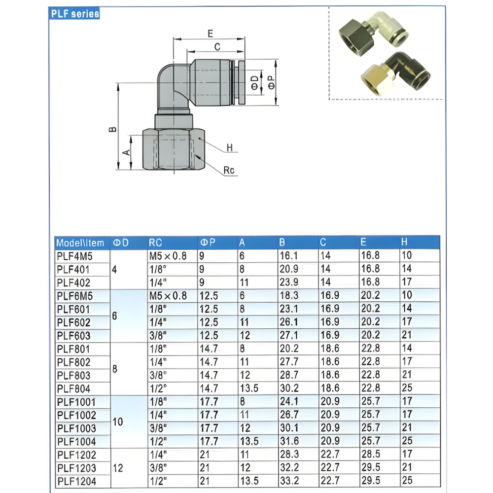 Thông số kỹ thuật cút góc khí nén AIRTAC kiểu PLF4, PLF6, PLF8, PLF10, PLF12