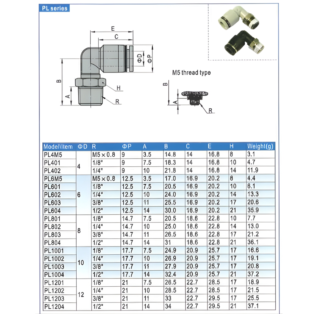 Thông số kỹ thuật cút nối góc khí nén PL4, PL6, PL8, PL10, PL12