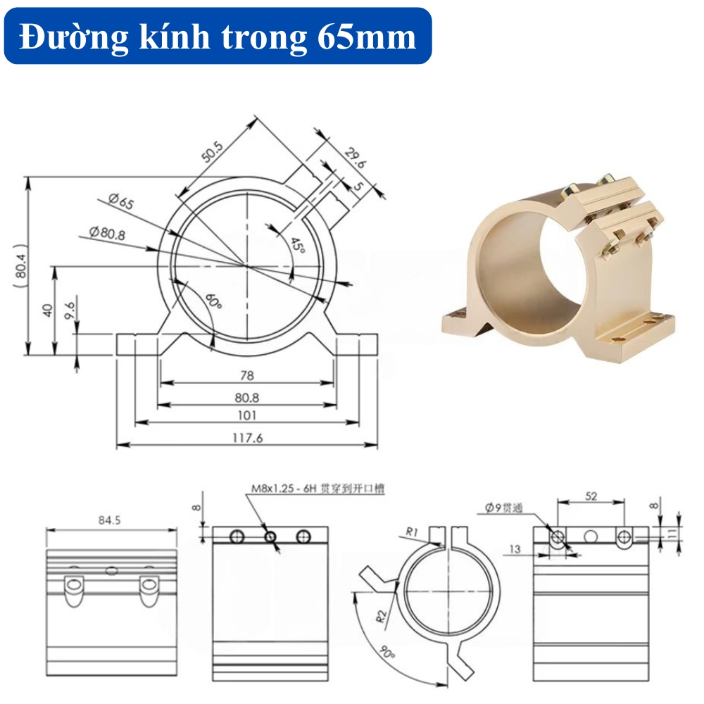 Thông số kỹ thuật gá đỡ trục spindle máy CNC Router 65mm