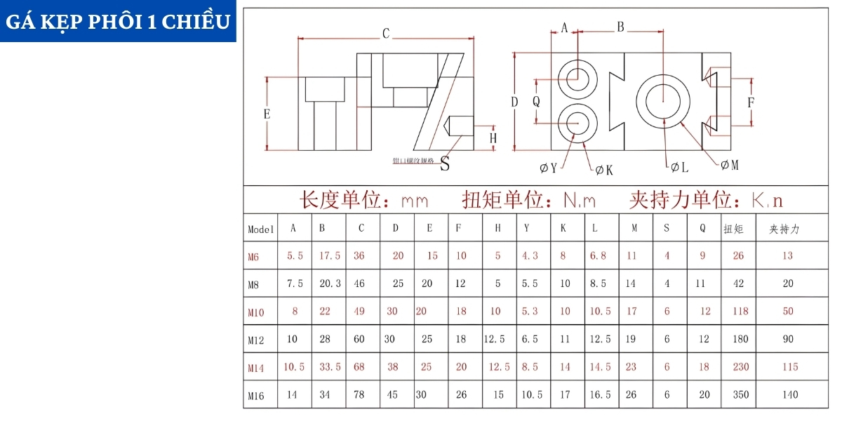 Thông số kỹ thuật gá kẹp phôi M6 M8 M10 M12 M14 M16 1 chiều