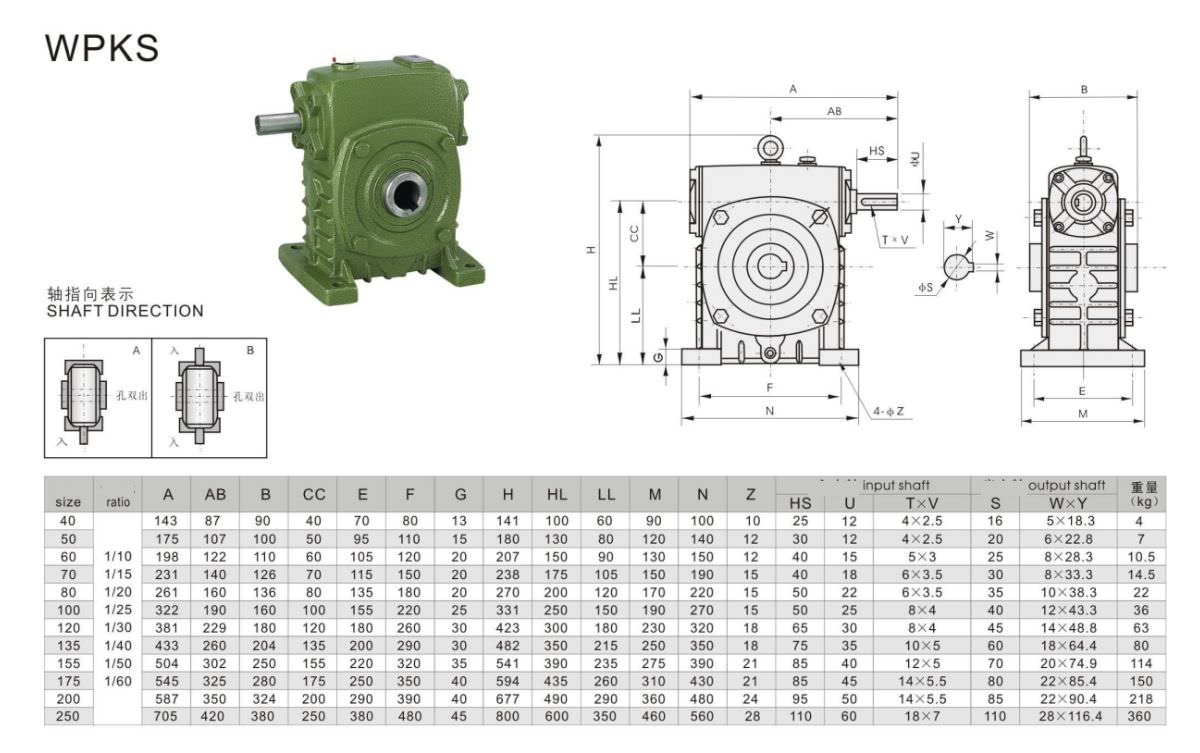 Thông số kỹ thuật hộp số giảm tốc WPKS
