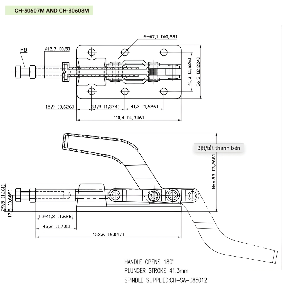 Thông số kỹ thuật cam kẹp chốt đẩy ngang CH-30607M, CH-30608M