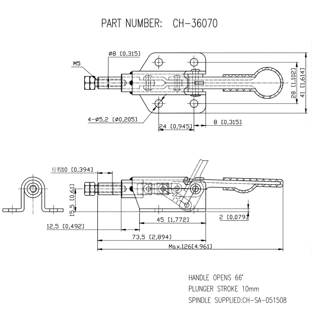 Thông số kỹ thuật cam kẹp đẩy ngang CH-36070