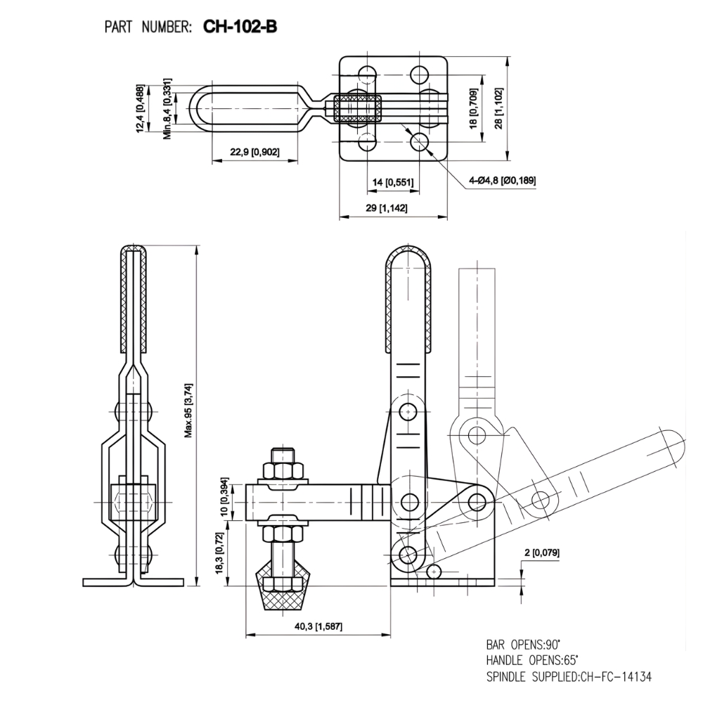 Thông số kỹ thuật cam kẹp - kẹp định vị CH-101-B, CH-102-B, CH-102-B-SS