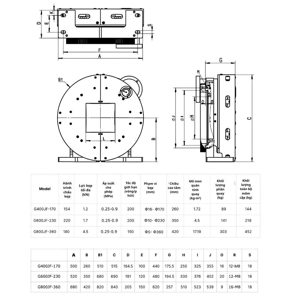 Thông số kỹ thuật mâm cặp G400JF-170, G600JF-230, G800JF-360