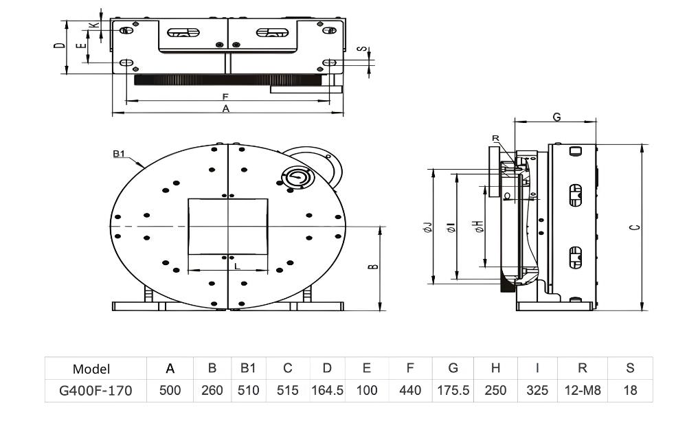 Thông số kỹ thuật mâm cặp khí nén lỗ vuông G400F-170