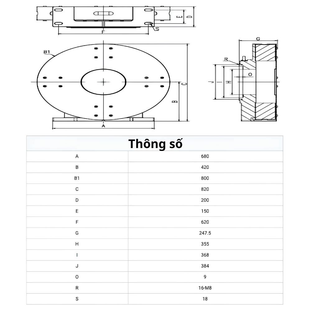 Thông số kỹ thuật mâm cặp khí nén G800J-355