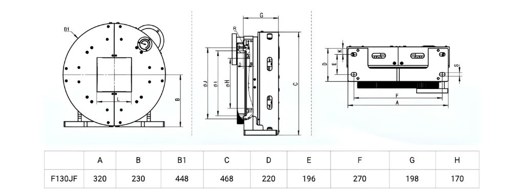 Thông số kỹ thuật của mâm cặp khí nén F130JF