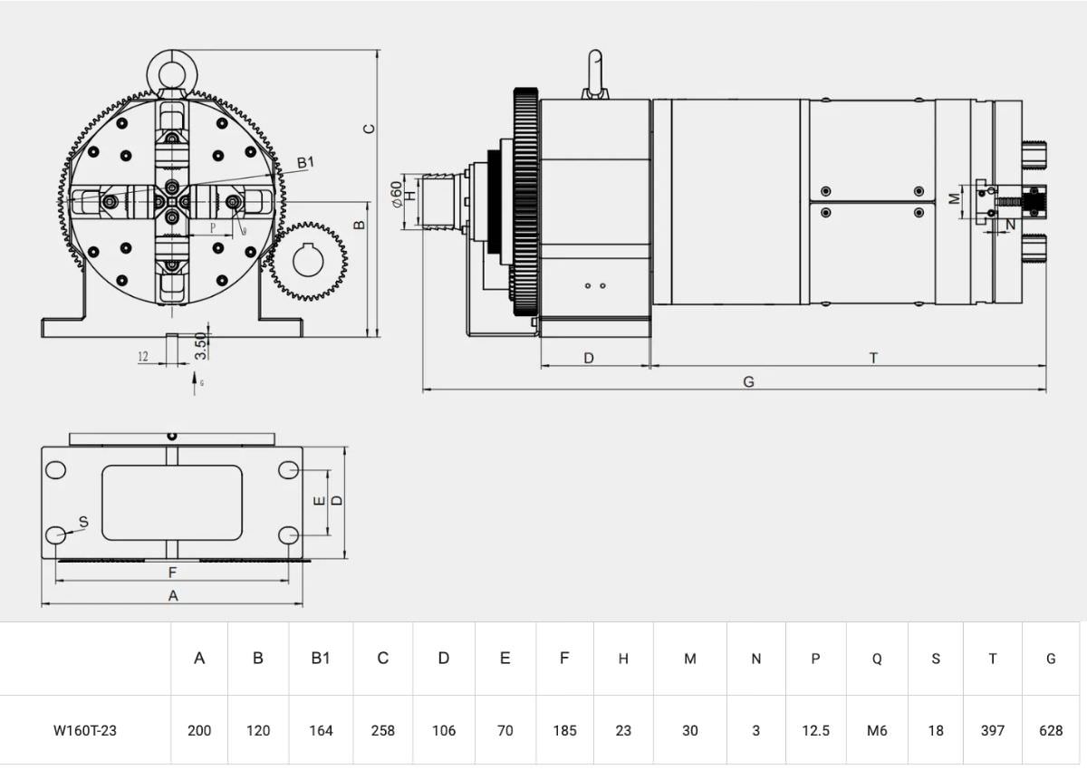 Thông số kỹ thuật của mâm cặp quay bằng tia laser W160T-23