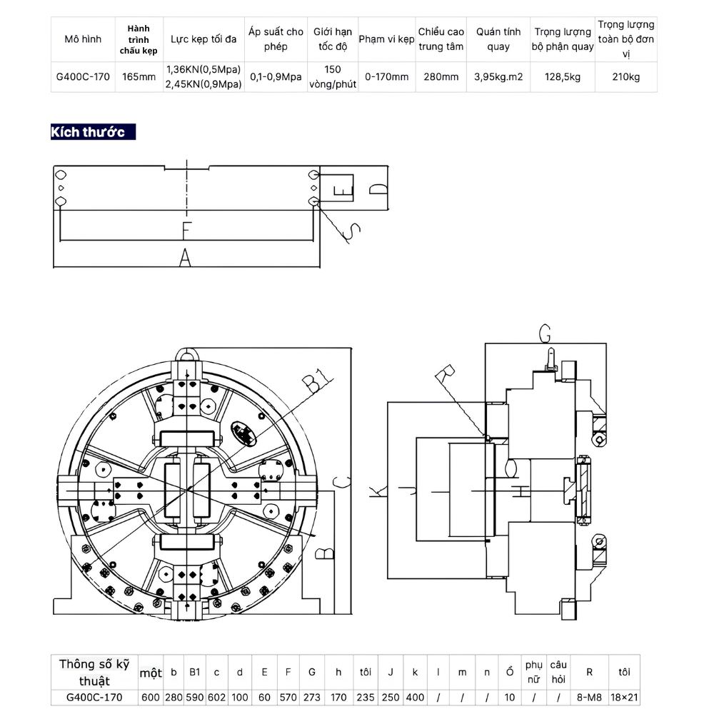 Thông số kỹ thuật mâm cặp quay khí nén G400C-170