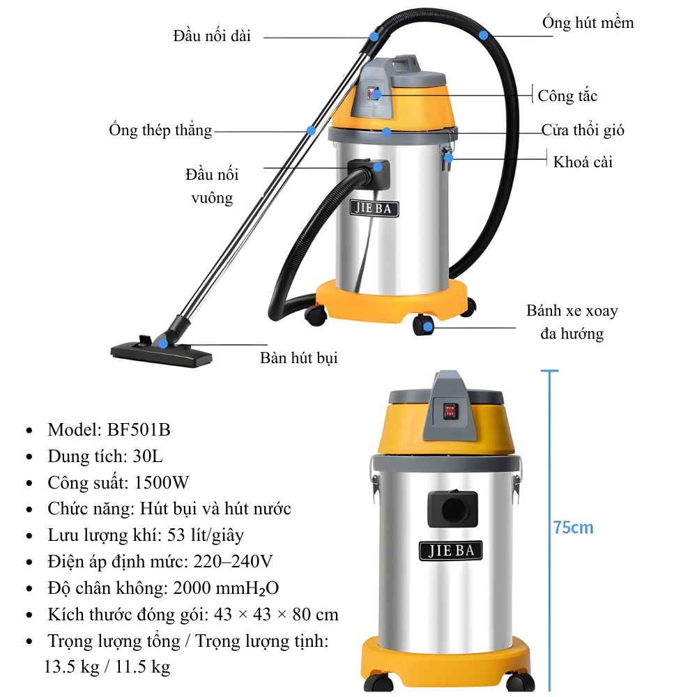 Thông số kỹ thuật máy hút bụi 30L BF501B