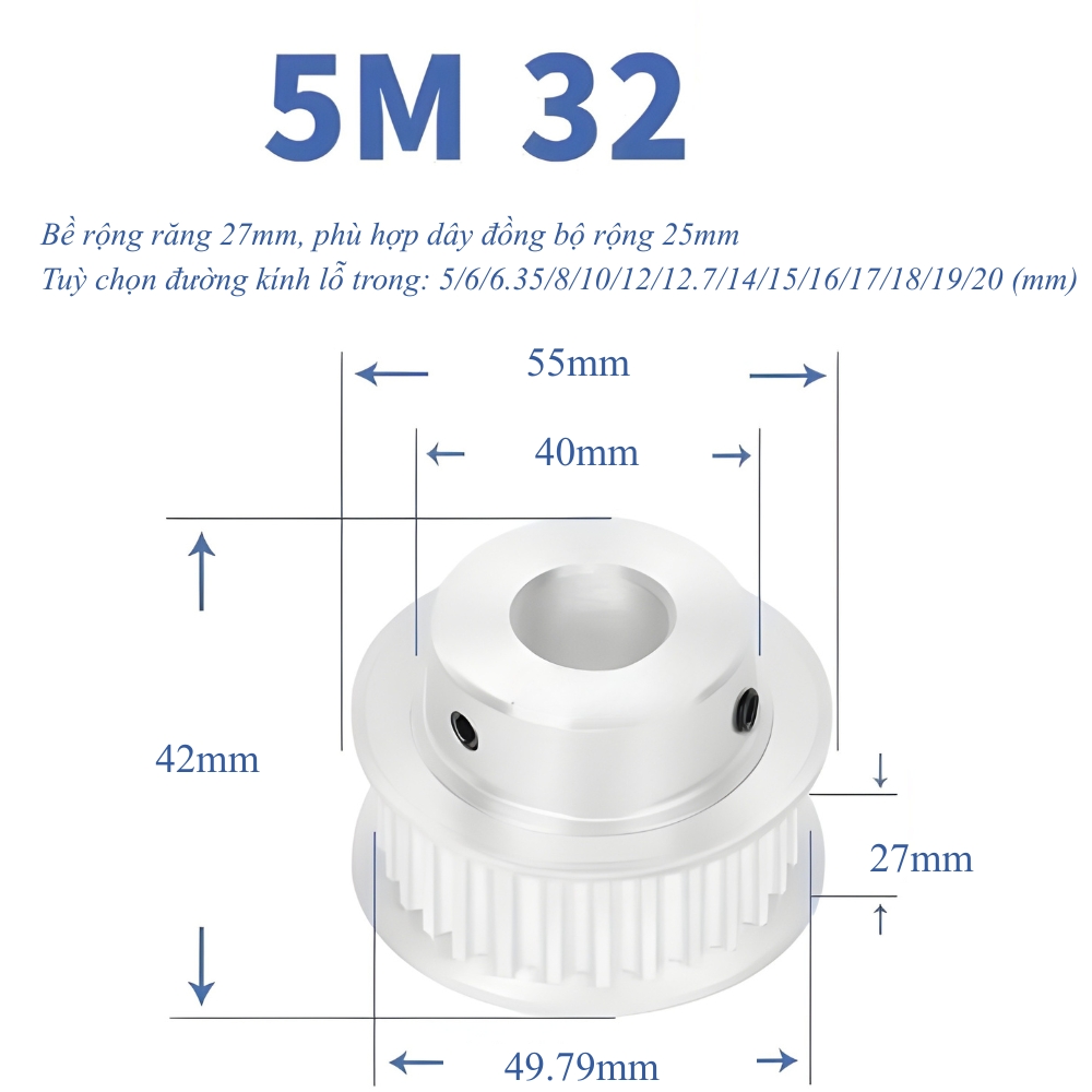 Thông số kỹ thuật puly đai răng 5M32
