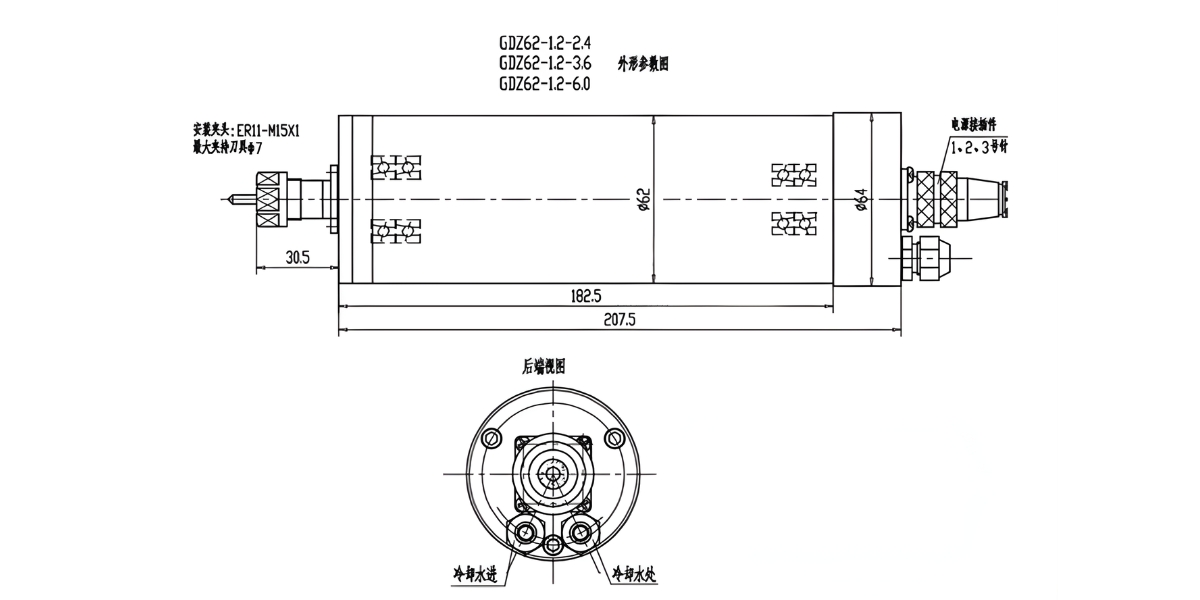 Thông số kỹ thuật động cơ trục chính làm mát bằng nước GDZ-62-1.2 36000rpm, GDZ-62-1.2 60000rpm