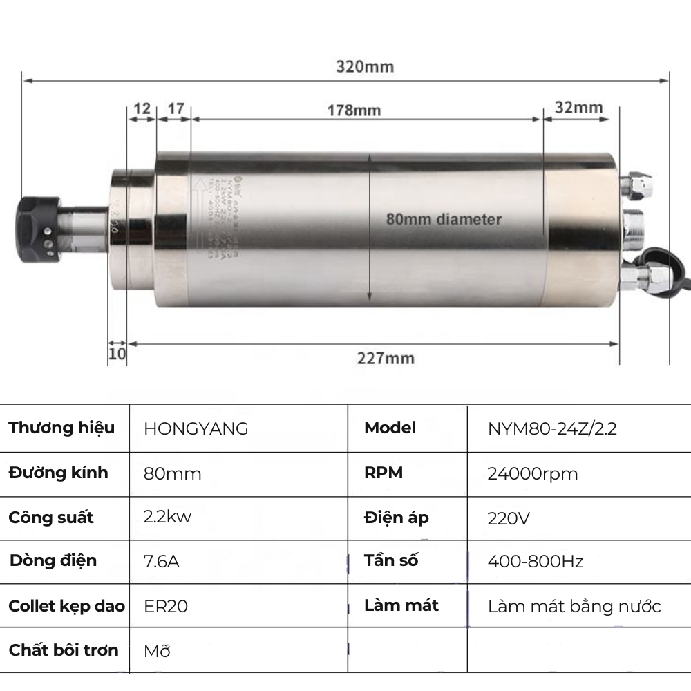Thông số kỹ thuật spindle phay kim loại nhôm đồng thép