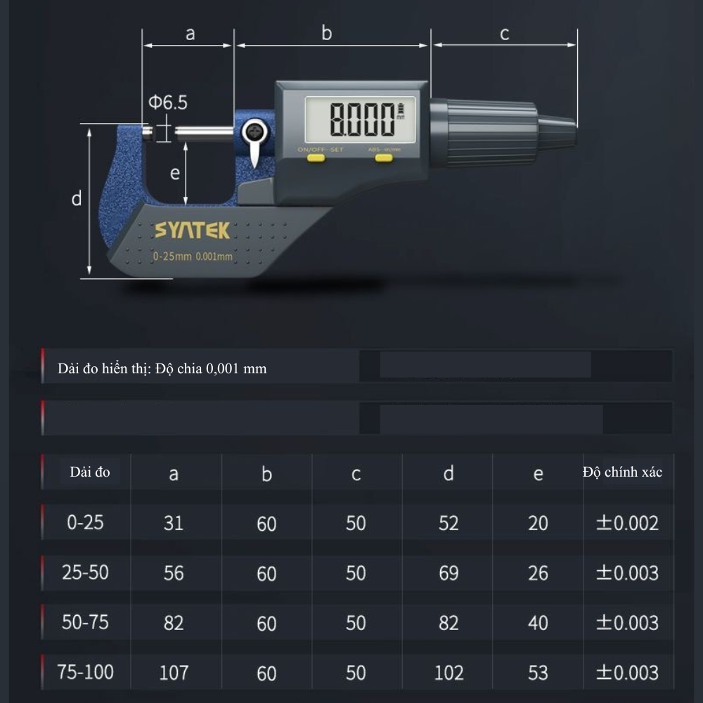 Thông số kỹ thuật thước panme đo ngoài điện tử syntek Q2LF, đầu dò hợp kim