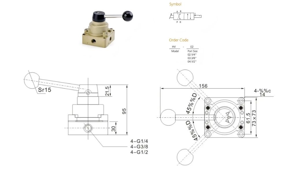 Thông số kỹ thuật van gạt tay khí nén dòng HV-02 HV-03 HV-04