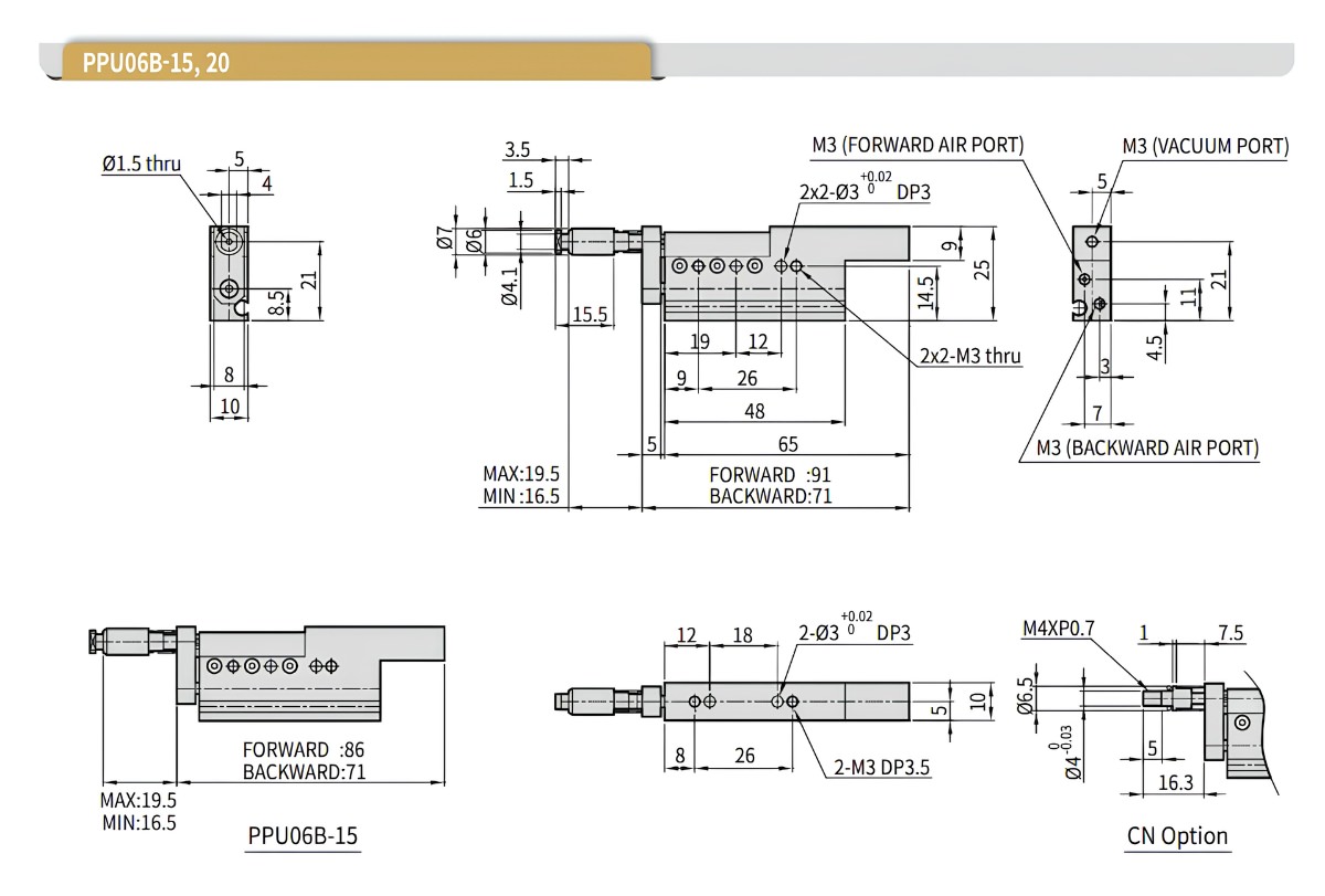 Thông số kỹ thuật của xi lanh khí PPU06B-20 PROTEC