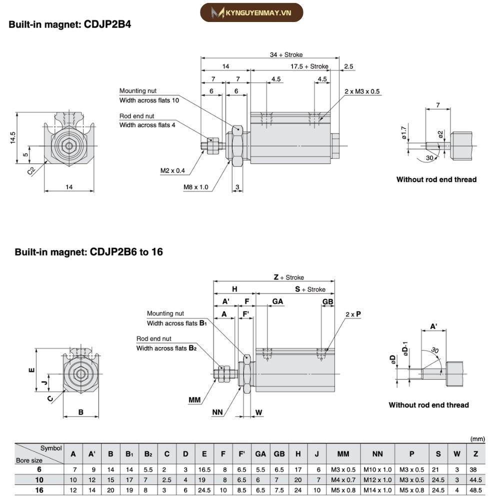 Thông số kỹ thuật xi lanh khí nén CDJP2B4, CDJP2B6, CDJP2B10, CDJP2B16