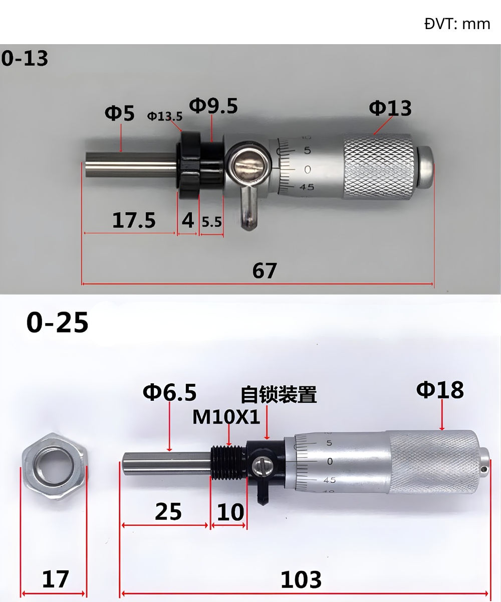 Thông số kỹ thuật đầu panme kiểu tay vít tự khóa