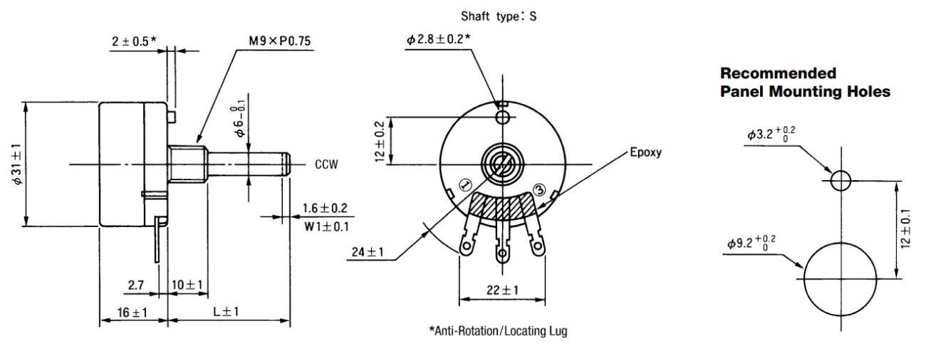 Thông số kỹ thuật biến trở TOCOS RV30YN