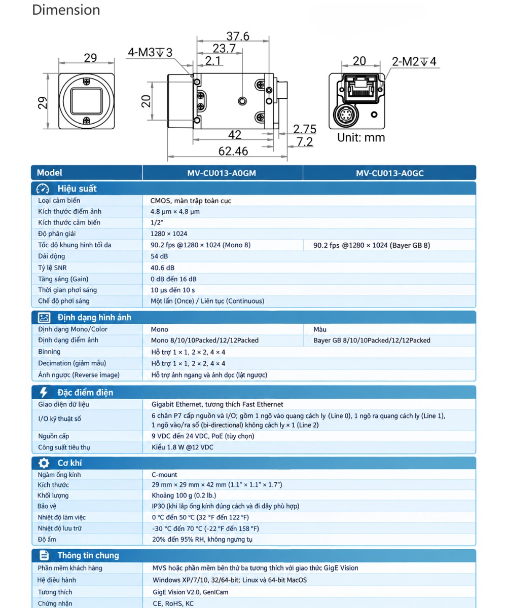 Thông số kỹ thuật camera công nghiệp MV-CU013-A0GM/GC