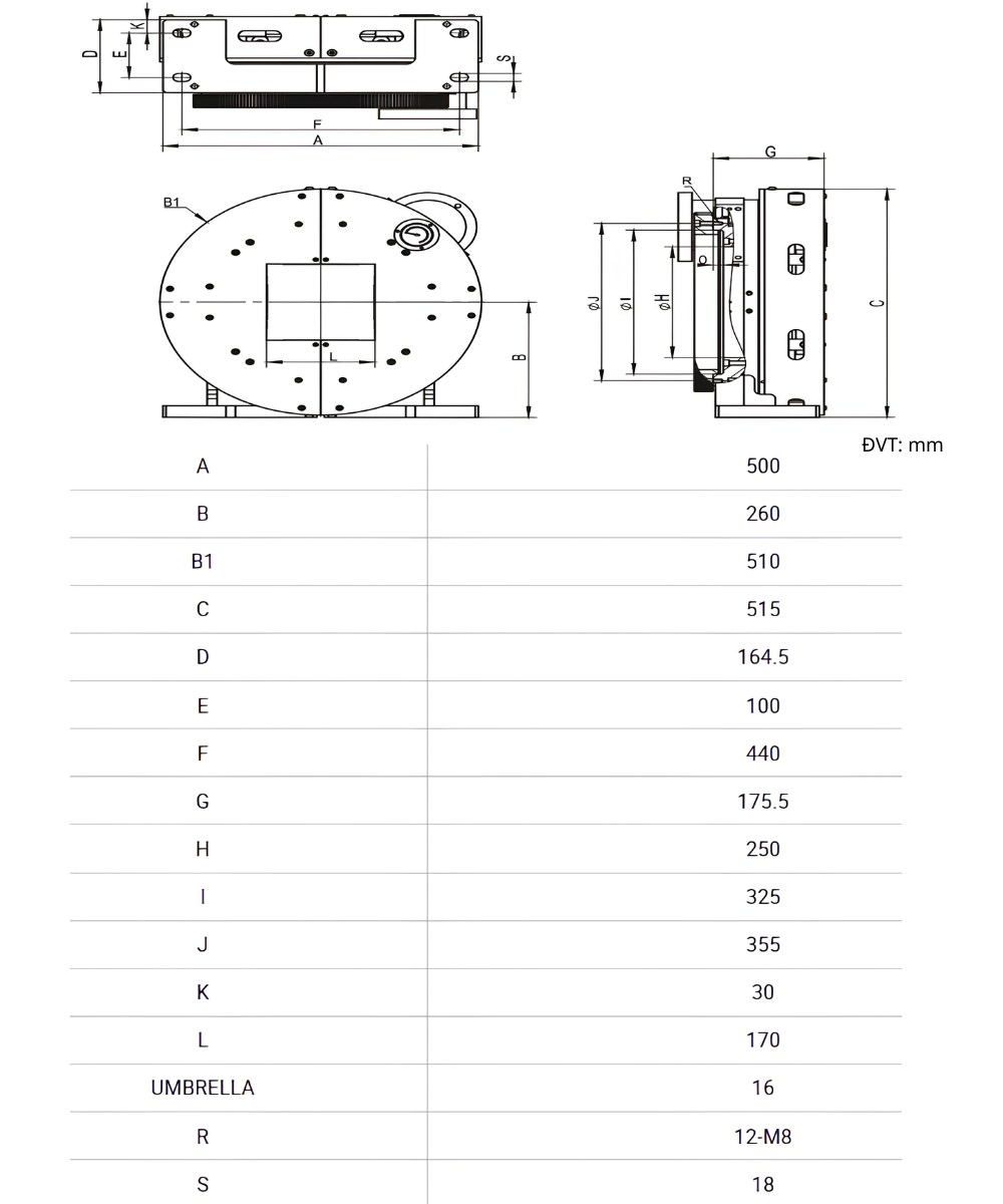 Thông số kỹ thuật mâm cặp khí nén F170JF