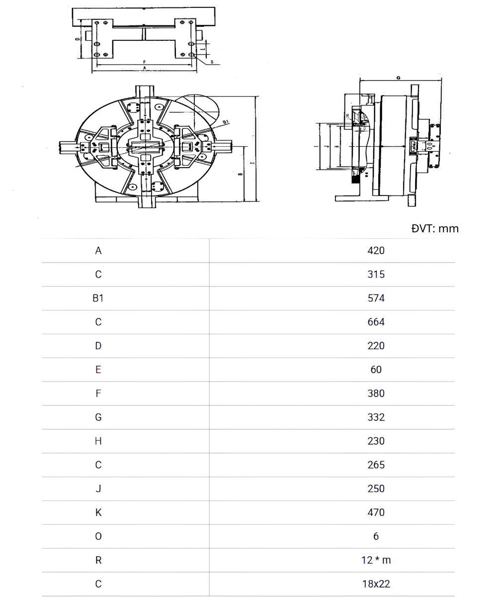 Thông số kỹ thuật mâm cặp khí nén G500DB-230