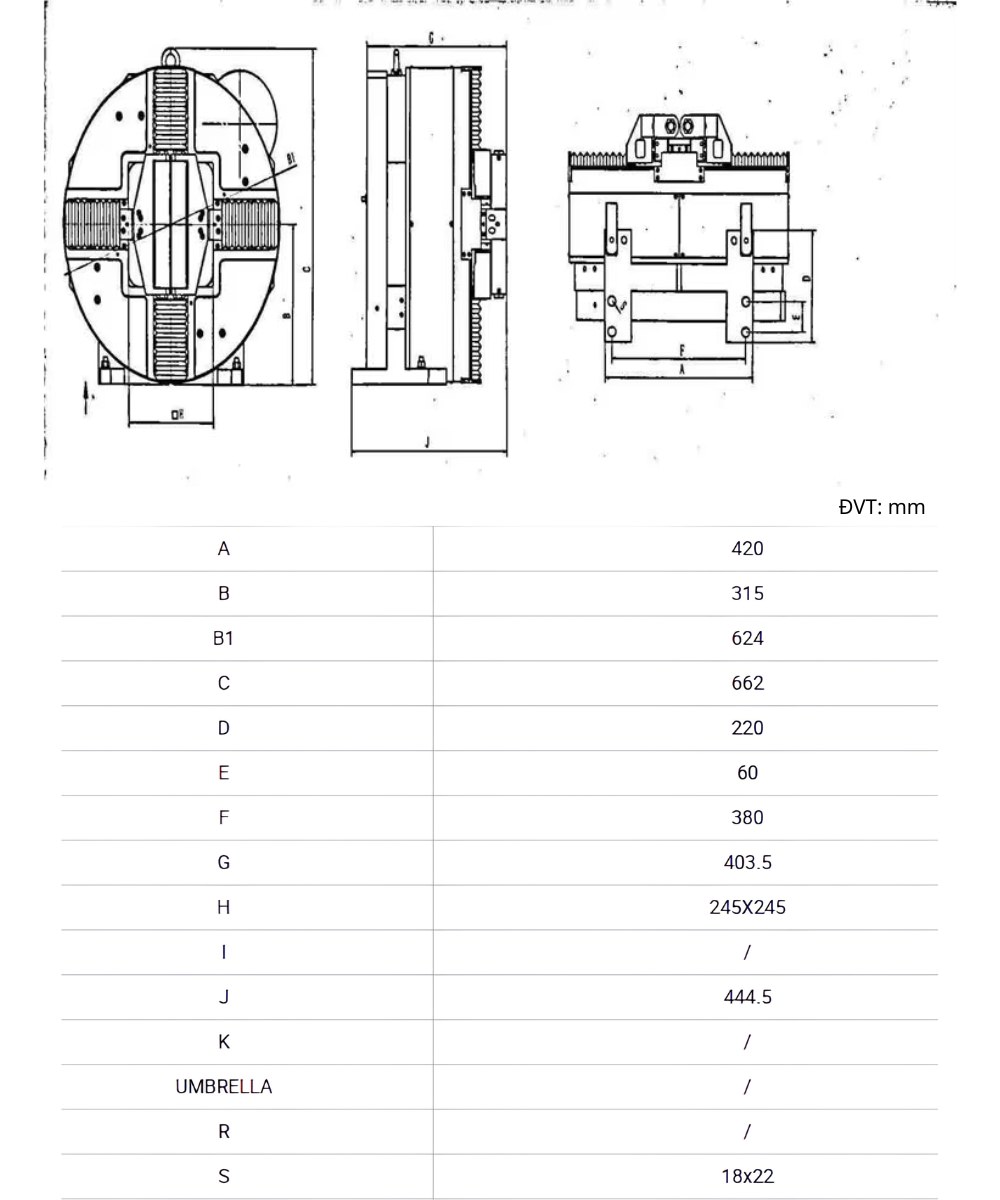Thông số kỹ thuật mâm cặp khí nén G620DF-245