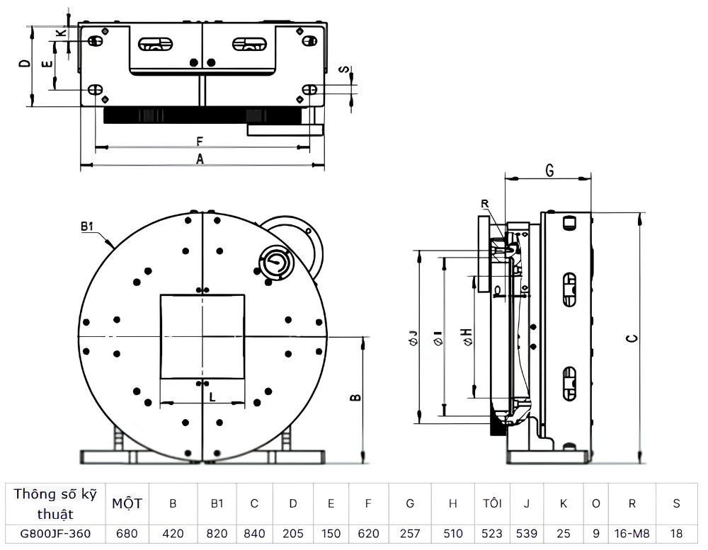 Thông số kỹ thuật mâm cặp khí nén G800JF-360